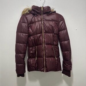 Guess Maroon Puffer Jacket with Faux Fur Hood